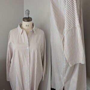 Oversized Shirt Dress - Tan & White Stripes 100% Cotton